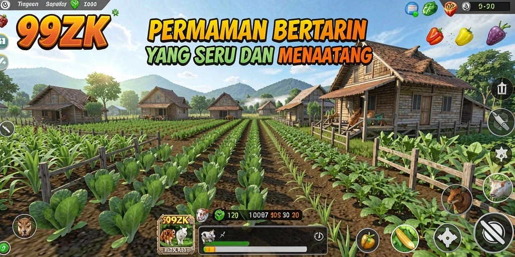 Screenshot menunjukkan gameplay menakjubkan di 99ZK dengan kebun yang subur.