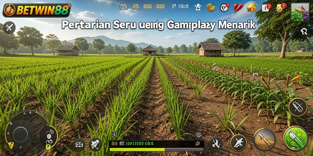 Screenshot utama menunjukkan aktivitas bertani yang seru di BETWIN88.