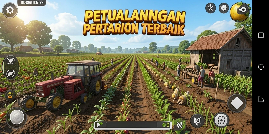 Screenshot gameplay ID098 menampilkan petak pertanian yang indah dengan berbagai tanaman.