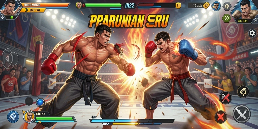 Screenshot gameplay IN22 menampilkan pertarungan seru antar karakter.