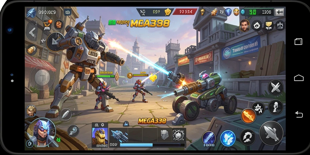 Tangkapan layar gameplay MEGA338 yang menunjukkan pertempuran strategi.