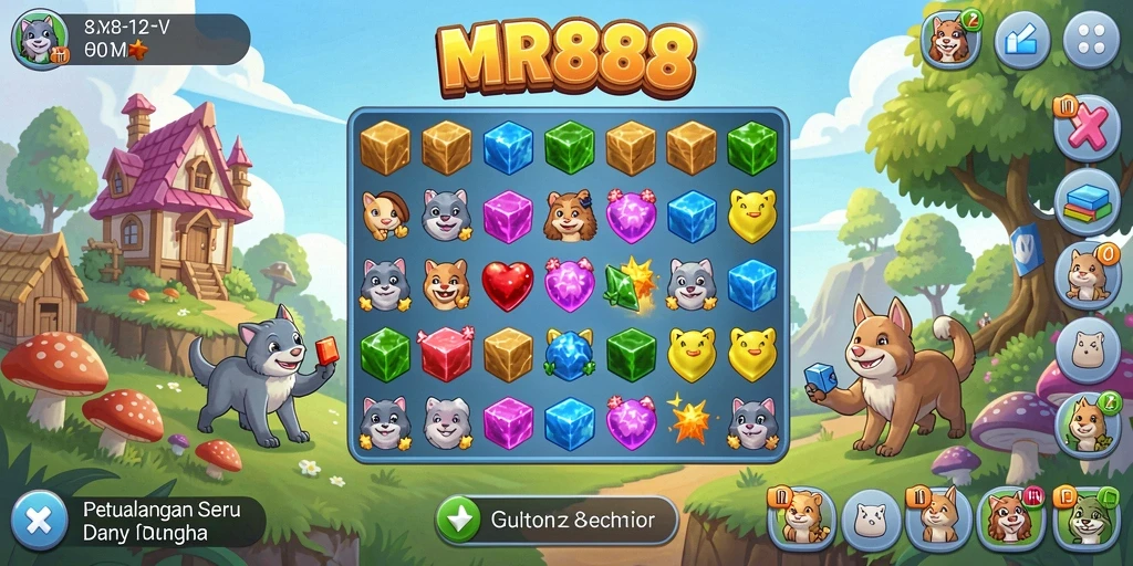 Tangkapan layar gameplay MR888 menampilkan keseruan mencocokkan permata.