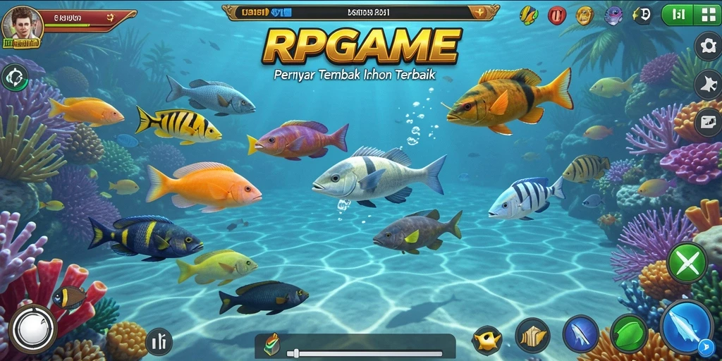 Tampilan gameplay RPGAME saat menembak ikan yang berwarna-warni.