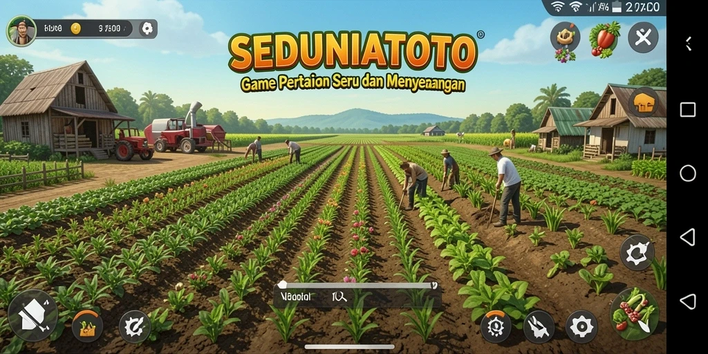 Tampilan gameplay SEDUNIATOTO menunjukkan ladang yang subur dan aktivitas bertani.