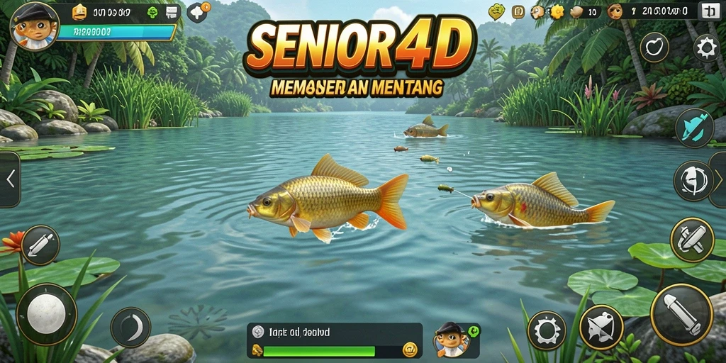 Screenshot gameplay SENIOR4D menampilkan aksi memancing yang mendebarkan.