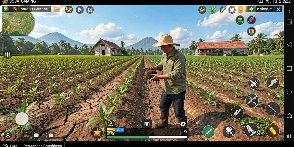 Screenshot gameplay SOBATGAMING yang menunjukkan aktivitas bertani yang seru.